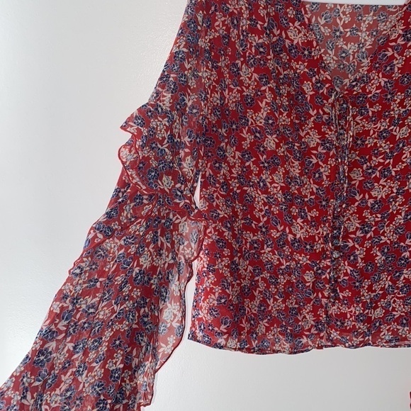NICHOLAS Revolve Red Silk Blossom Ditsy Micro Floral Ruffle Blouse Top - Picture 4 of 6